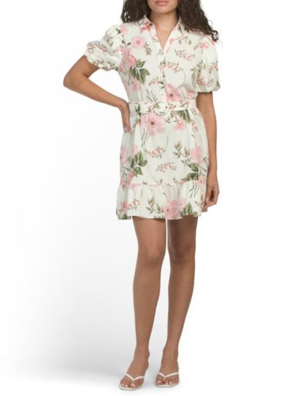 CYNTHIA ROWLEY Linen Belted Mini Shirt Dress With Flounce Hem